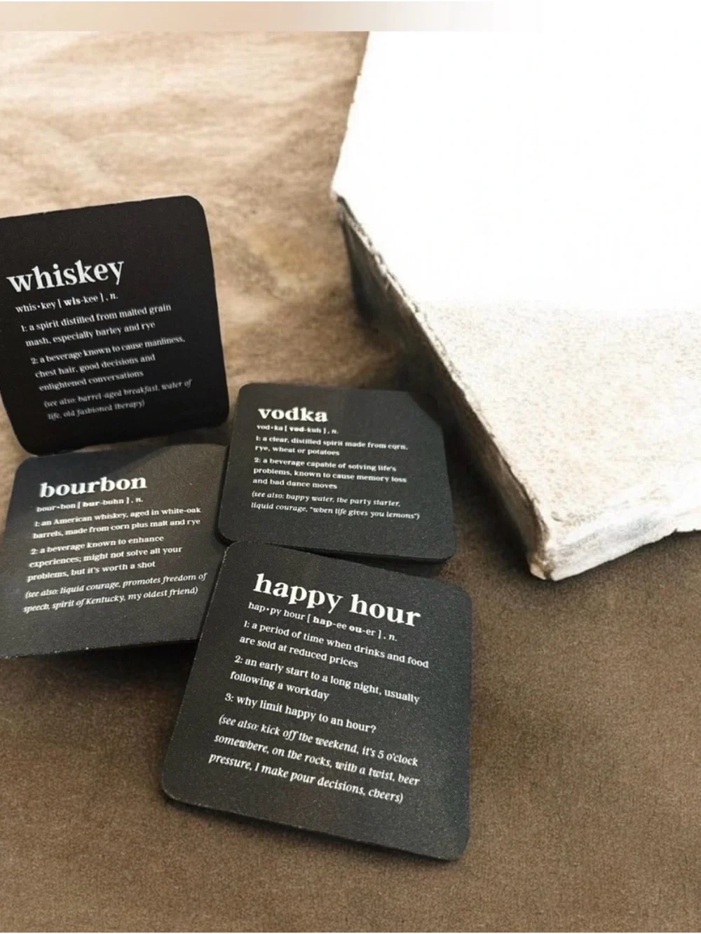 Set of Black Drink Coasters with White Text - Cocktail & Spirit Definitions 1462